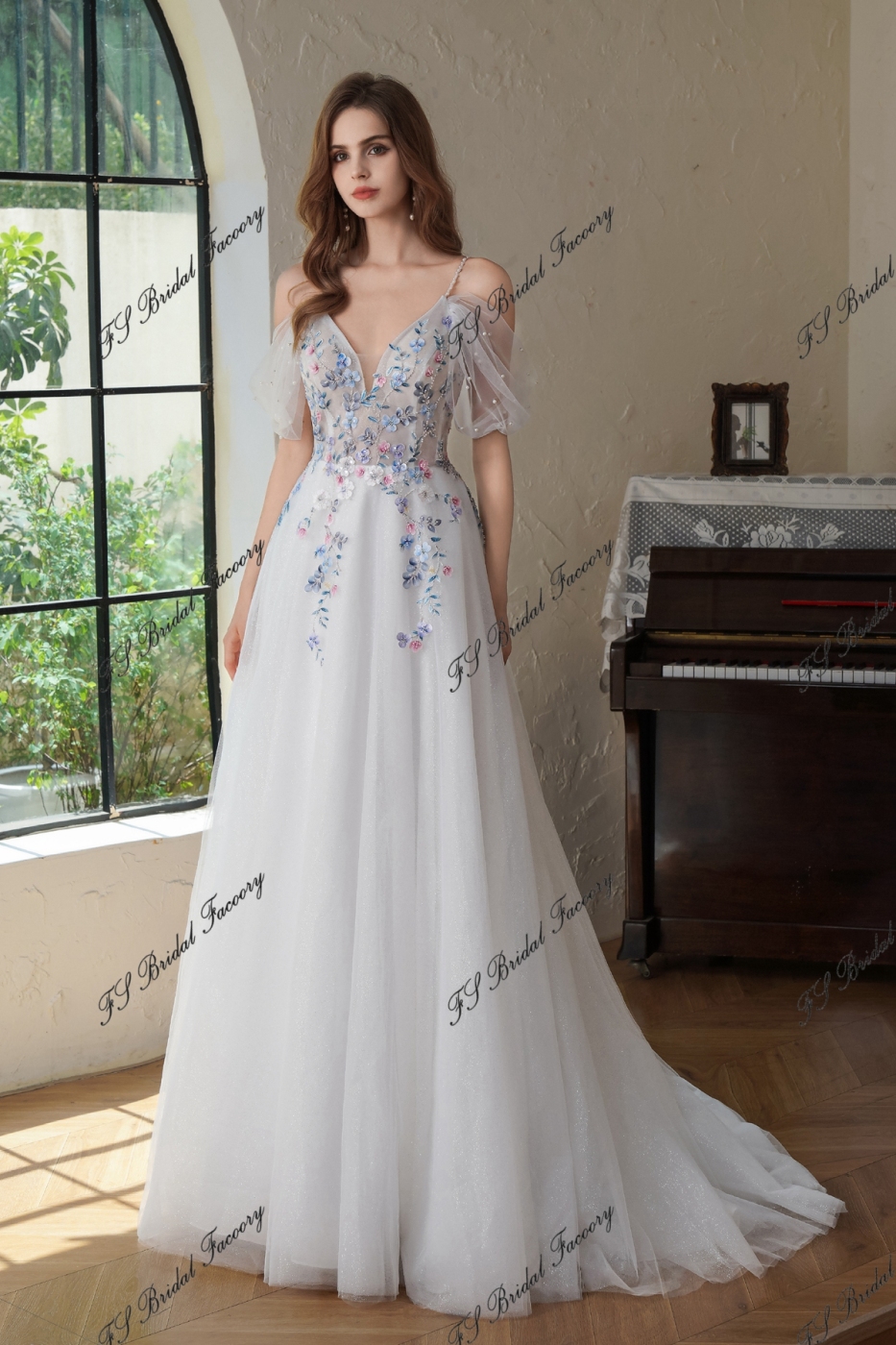 Colorful Beading Lace With Off Shoulder Glitter A Line Tulle Wedding Dress