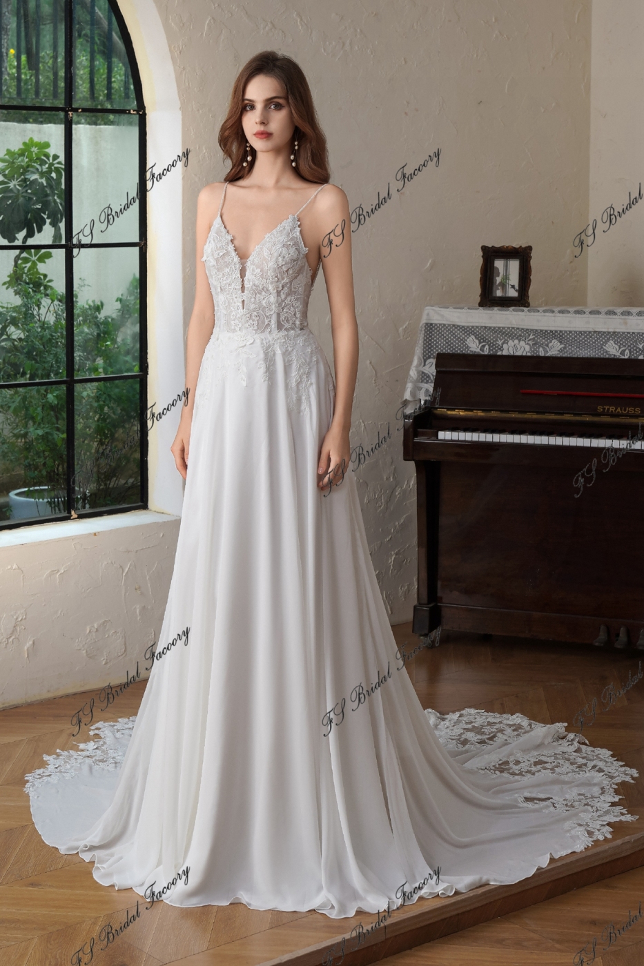 A-Line Gown With Dramatic Lace Train And Detached Long Chiffon Sleeve