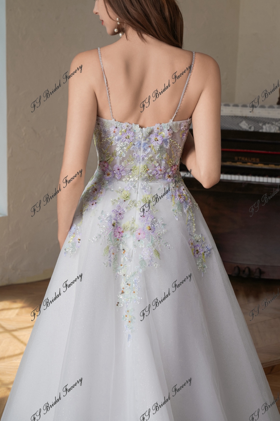 Colorful Beading Lace With Spaghetti Straps Glitter A Line Tulle Wedding Dress