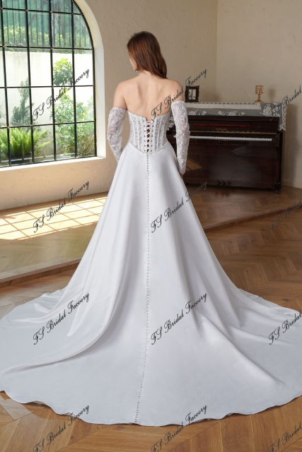 Exposed Boned Bodice Satin Skirt With Detached Lace Sleeve Wedding Gown