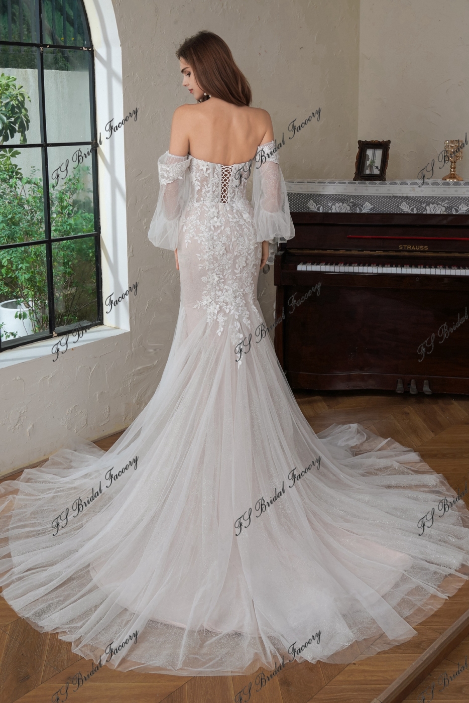 Beaded  Lace Off the Shoulder Wedding Dress With Detached Sleeve