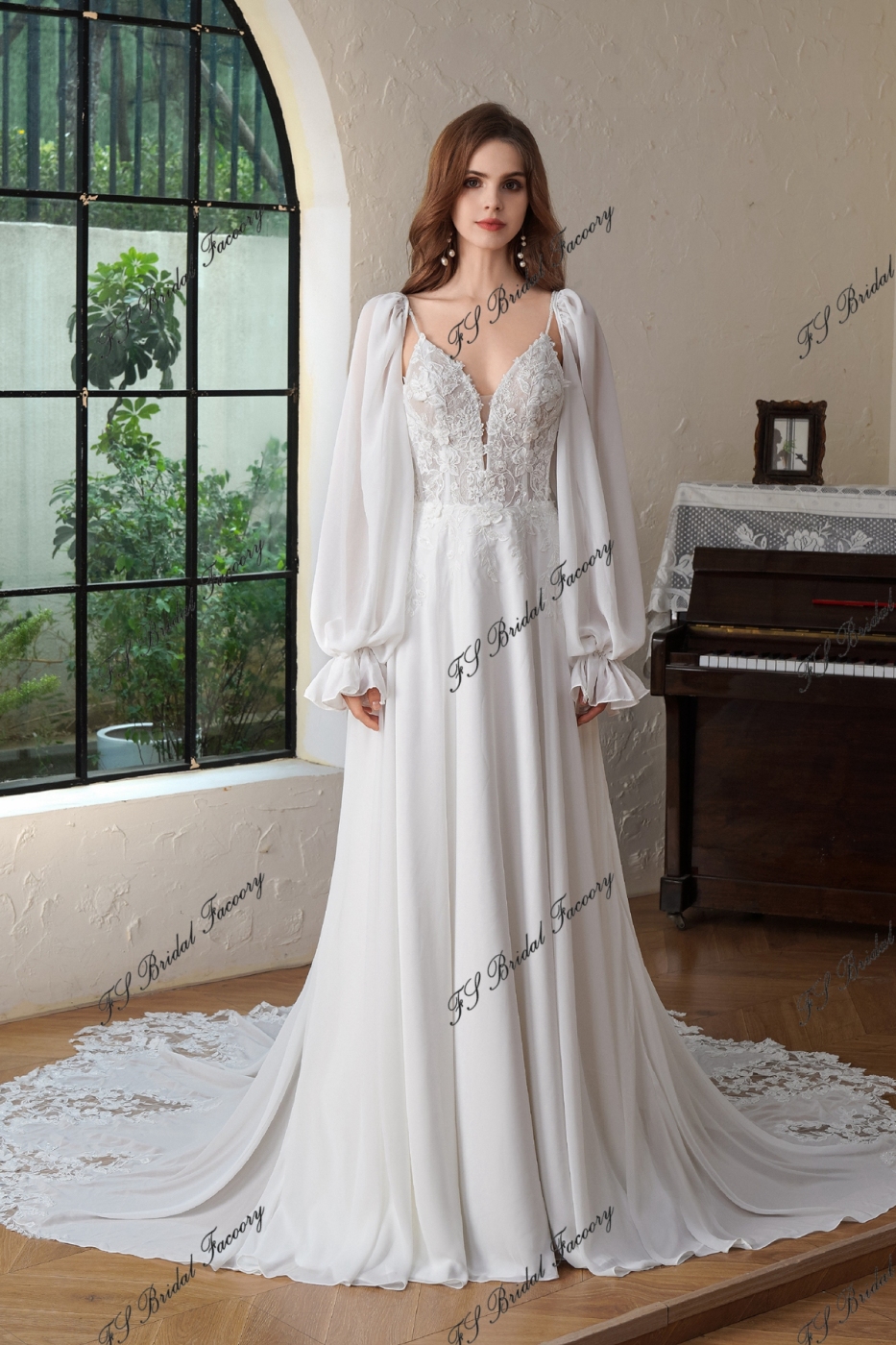 A-Line Gown With Dramatic Lace Train And Detached Long Chiffon Sleeve