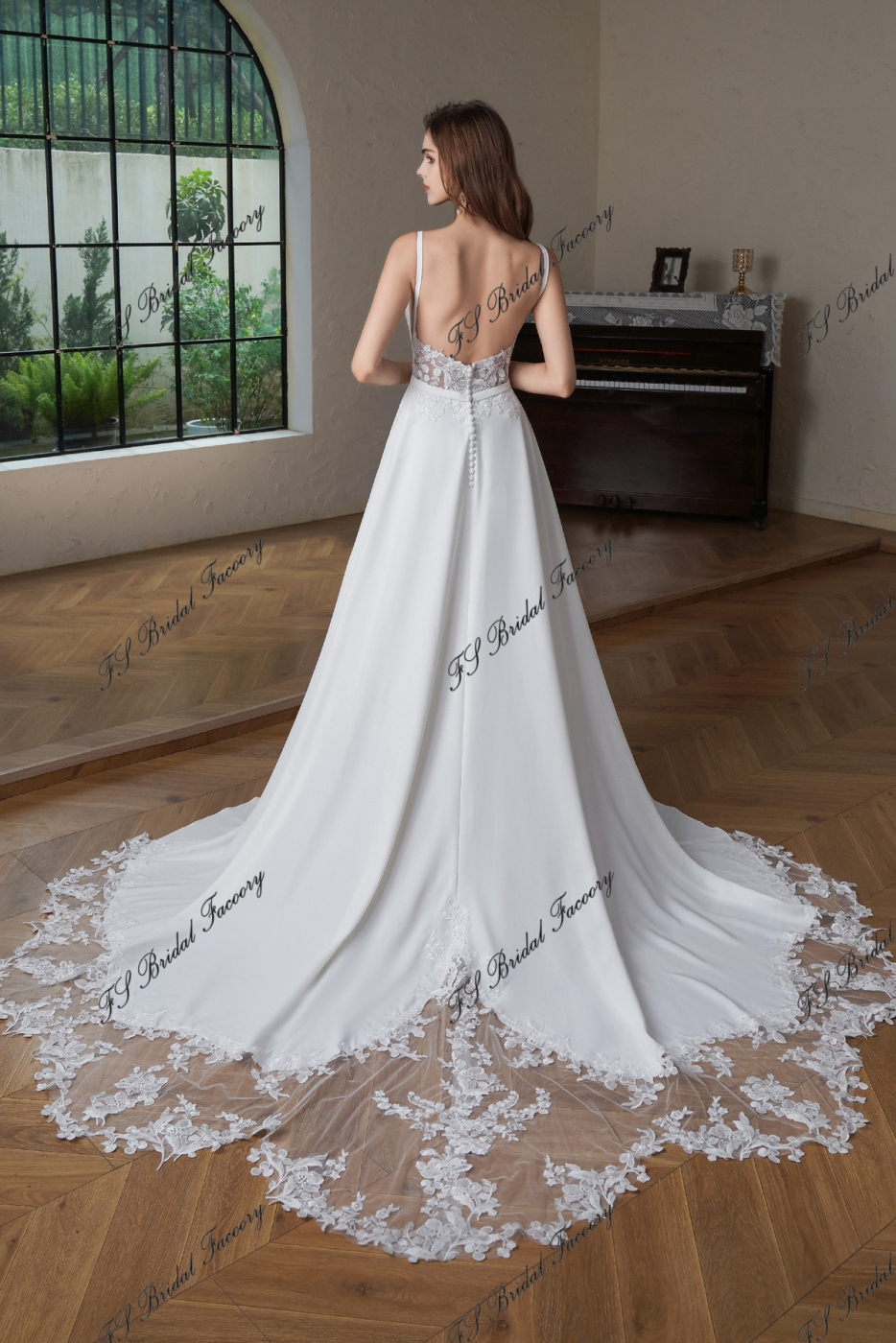 Crepe A-Line Gown with Square Neckline and Lace Bodice