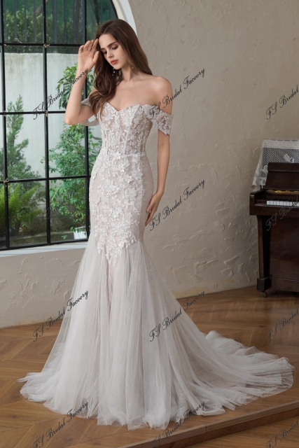 Beaded  Lace Off the Shoulder Wedding Dress With Detached Sleeve