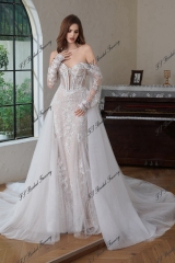 Detached Long Sleeve Heavy Beading Mermaid Wedding Gown With Detached Train