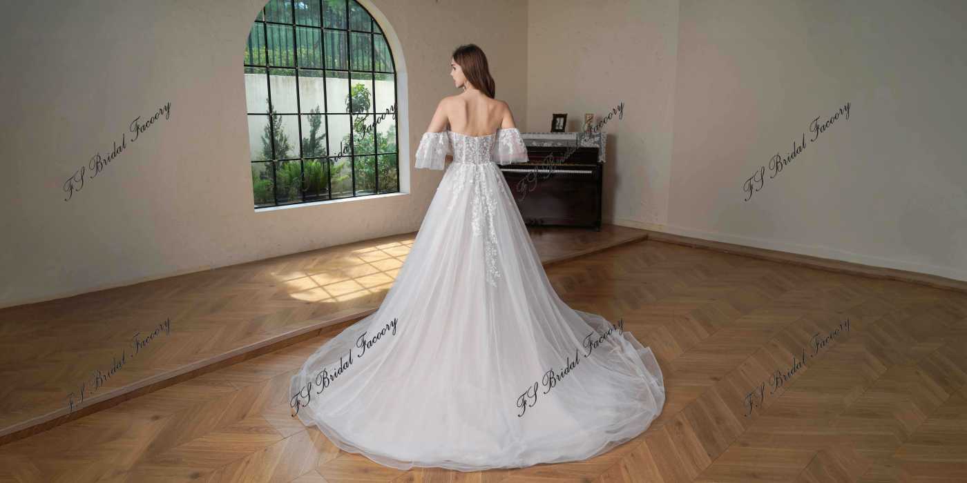 Beaded  Lace  Detached Sleeve Glitter  A Line Wedding Gown