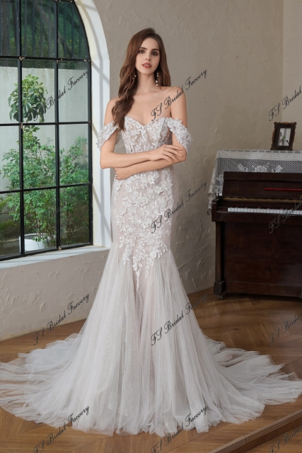 Beaded  Lace Off the Shoulder Wedding Dress With Detached Sleeve