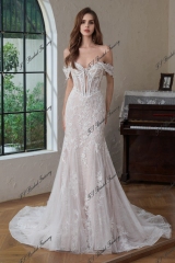 Detached Long Sleeve Heavy Beading Mermaid Wedding Gown With Detached Train