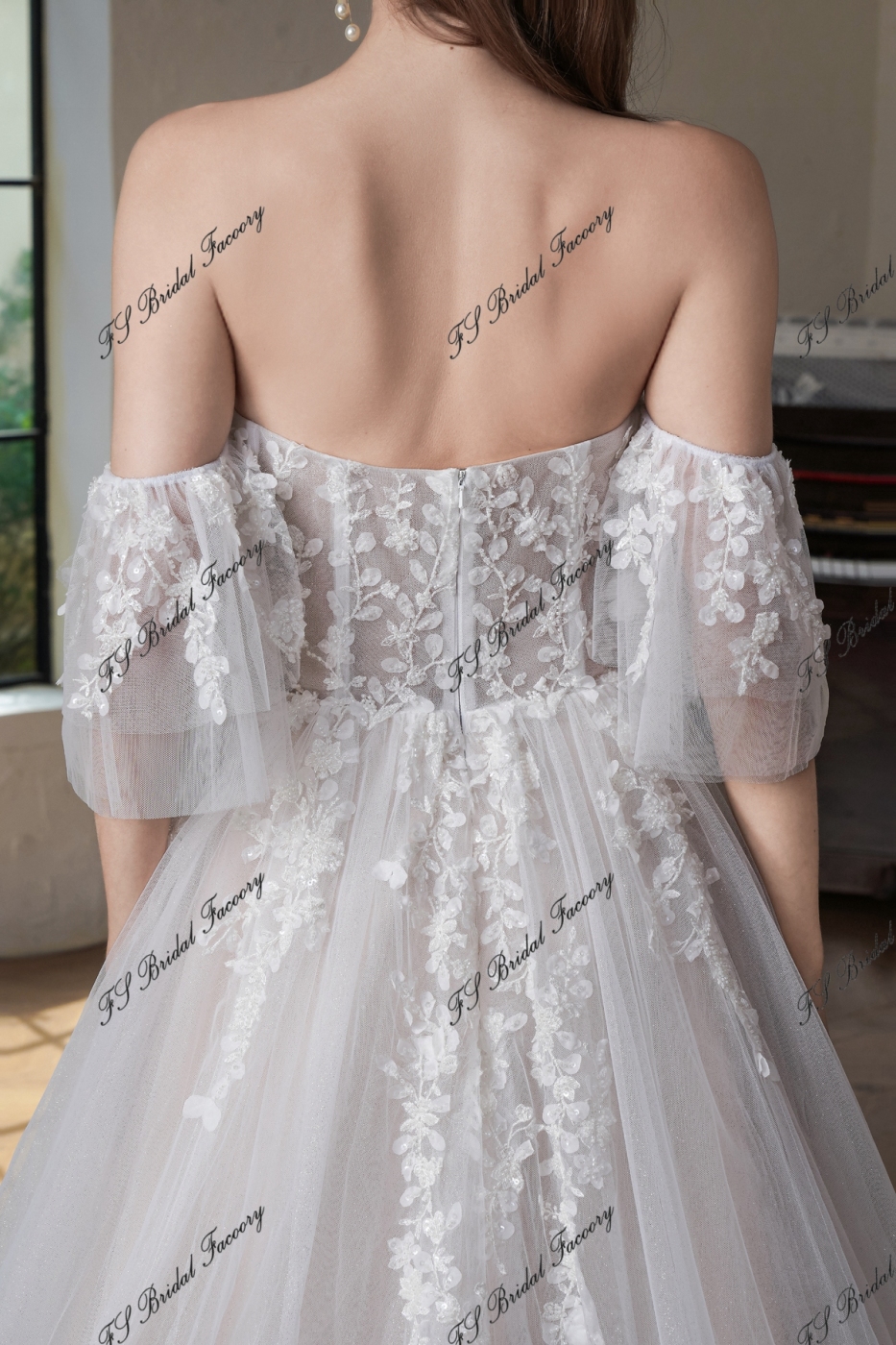 Beaded  Lace  Detached Sleeve Glitter  A Line Wedding Gown