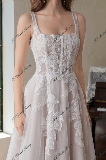 Beaded  Square Neck Line Lace A Line Wedding Gown
