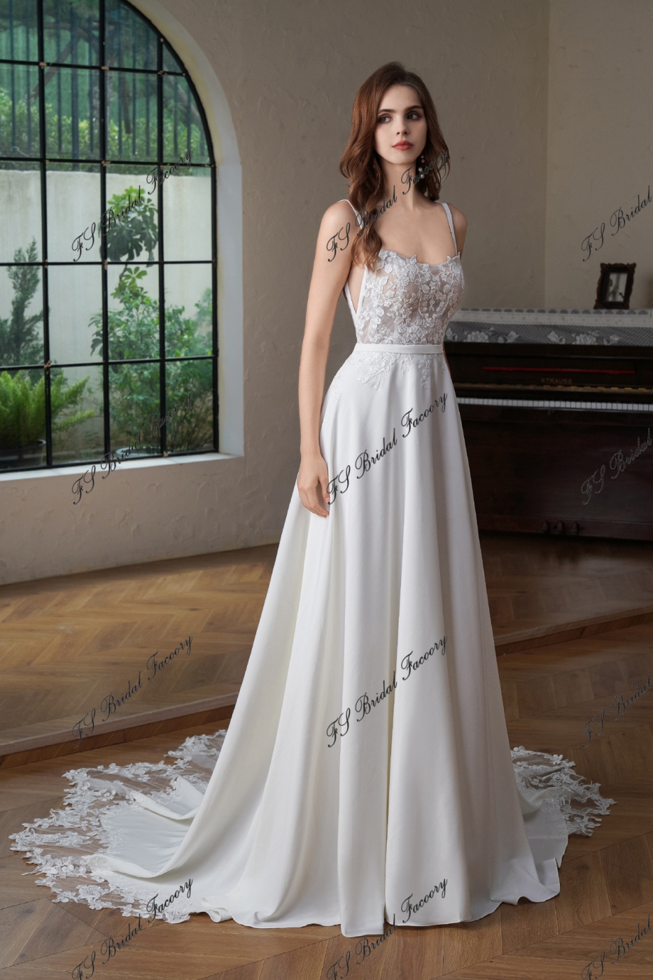 Crepe A-Line Gown with Square Neckline and Lace Bodice