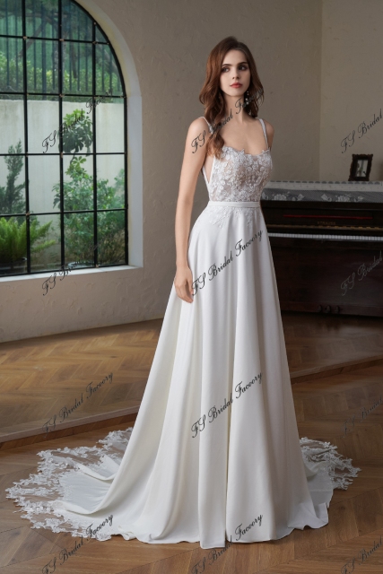 Crepe A-Line Gown with Square Neckline and Lace Bodice