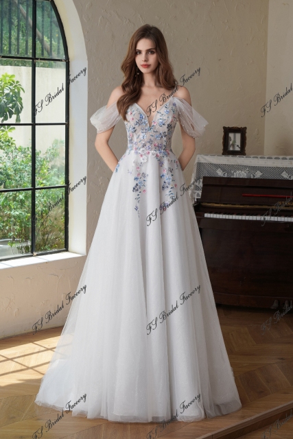 Colorful Beading Lace With Off Shoulder Glitter A Line Tulle Wedding Dress