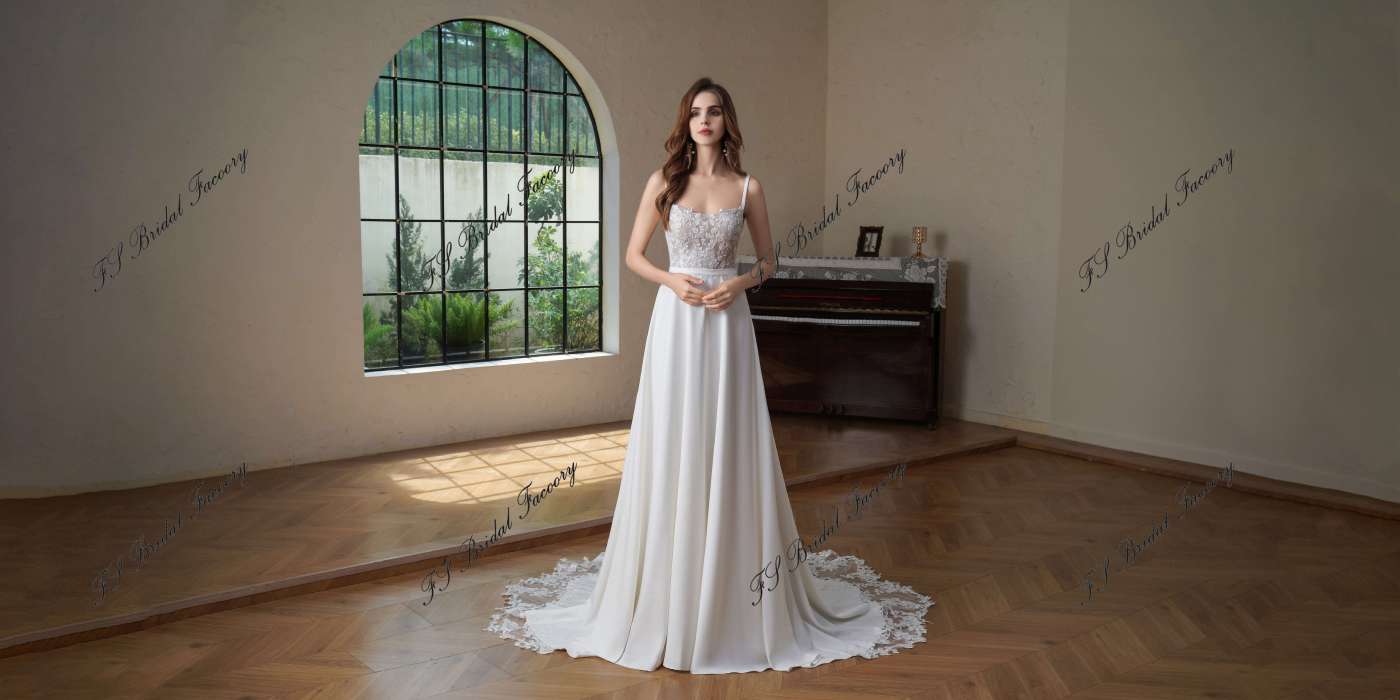 Crepe A-Line Gown with Square Neckline and Lace Bodice
