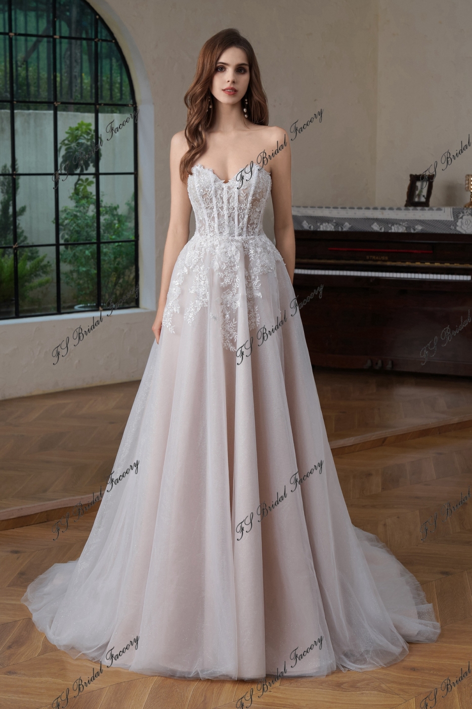 Beaded  Lace Long Detached  Sleeve Glitter  A Line Wedding Gown