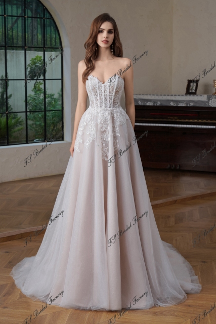 Beaded  Lace Long Detached  Sleeve Glitter  A Line Wedding Gown