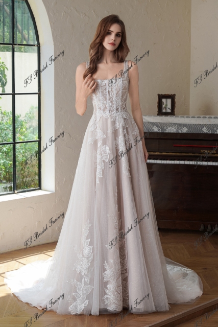 Beaded  Square Neck Line Lace A Line Wedding Gown