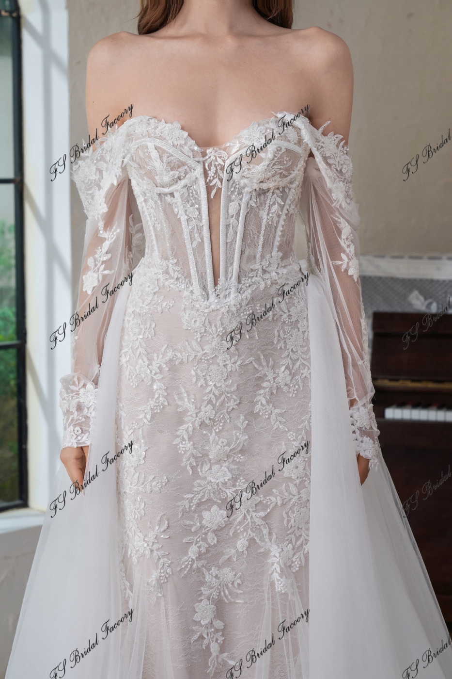 Detached Long Sleeve Heavy Beading Mermaid Wedding Gown With Detached Train