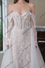Detached Long Sleeve Heavy Beading Mermaid Wedding Gown With Detached Train