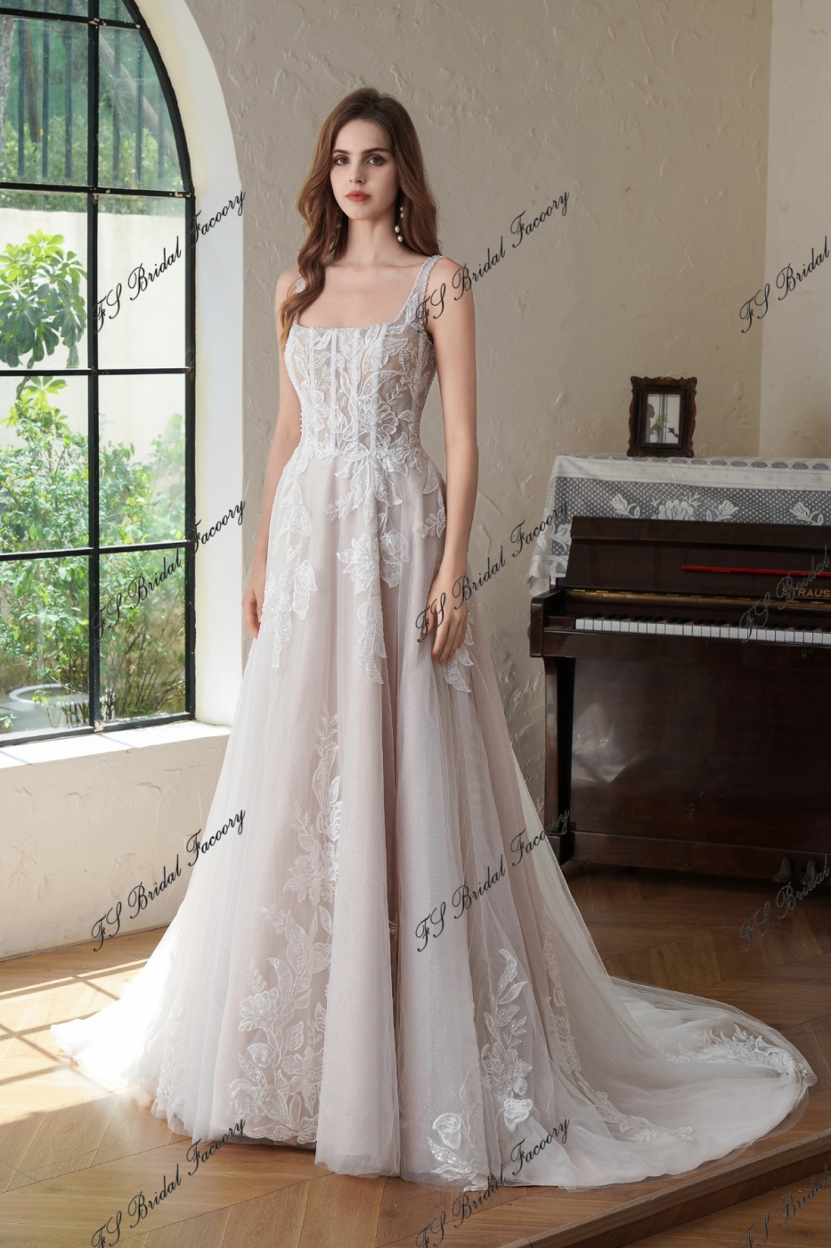 Beaded  Square Neck Line Lace A Line Wedding Gown