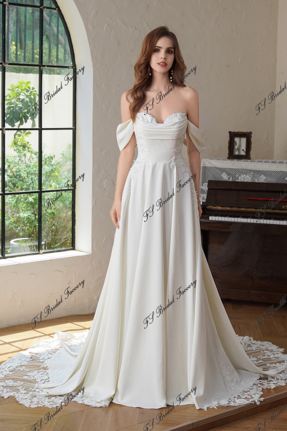 Crepe A-Line Gown With Pocket And Dramatic Lace Train