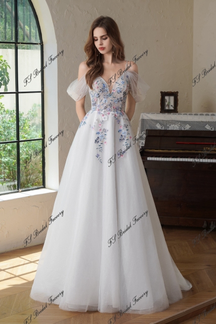 Colorful Beading Lace With Off Shoulder Glitter A Line Tulle Wedding Dress