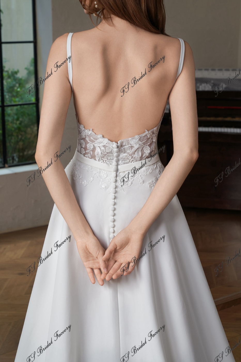 Crepe A-Line Gown with Square Neckline and Lace Bodice