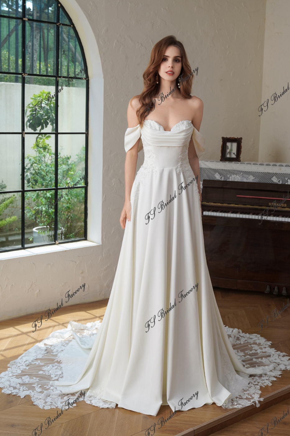 Crepe A-Line Gown With Pocket And Dramatic Lace Train