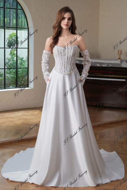 Exposed Boned Bodice Satin Skirt With Detached Lace Sleeve Wedding Gown