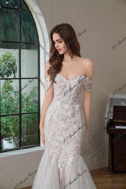 Beaded  Lace Off the Shoulder Wedding Dress With Detached Sleeve