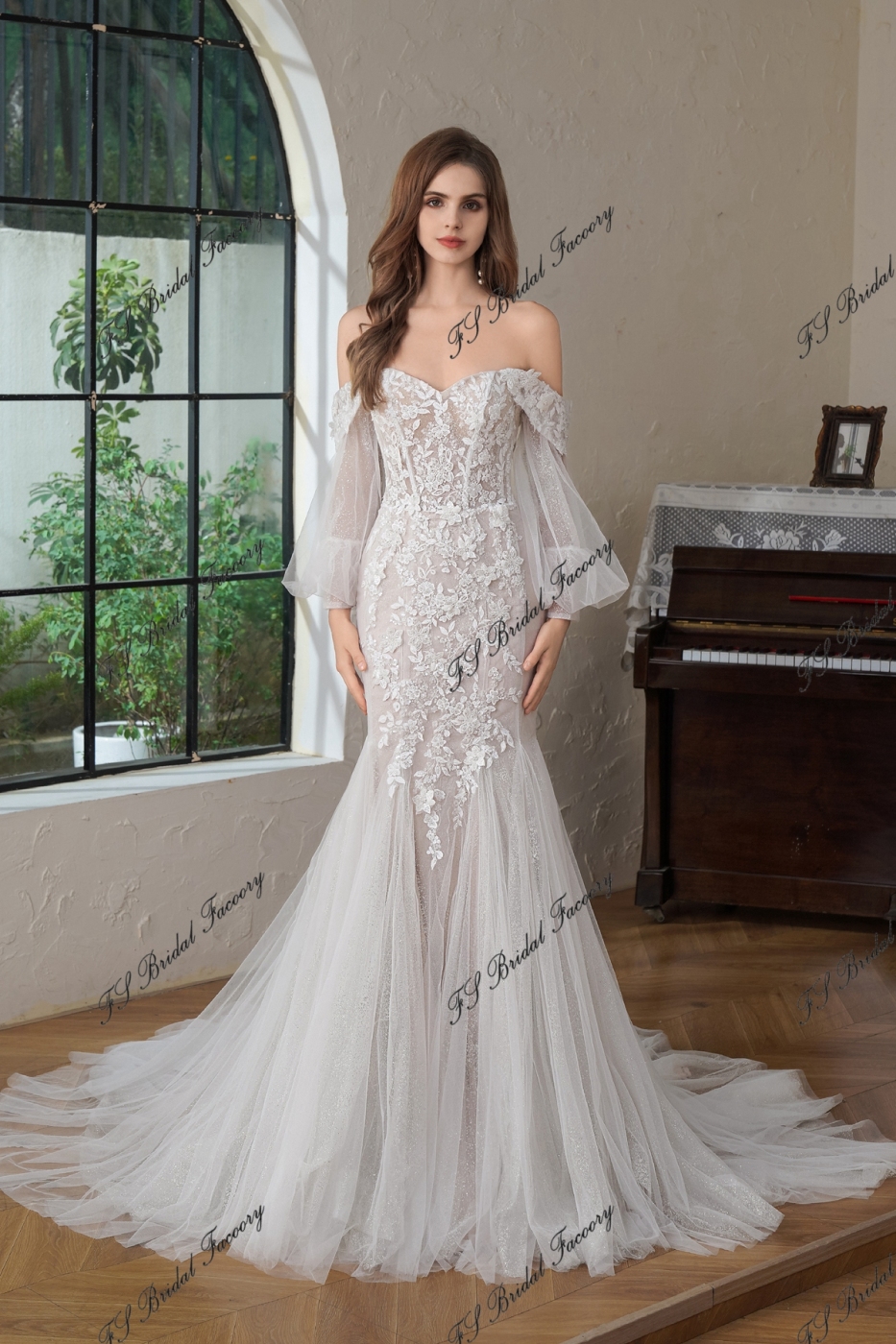 Beaded  Lace Off the Shoulder Wedding Dress With Detached Sleeve