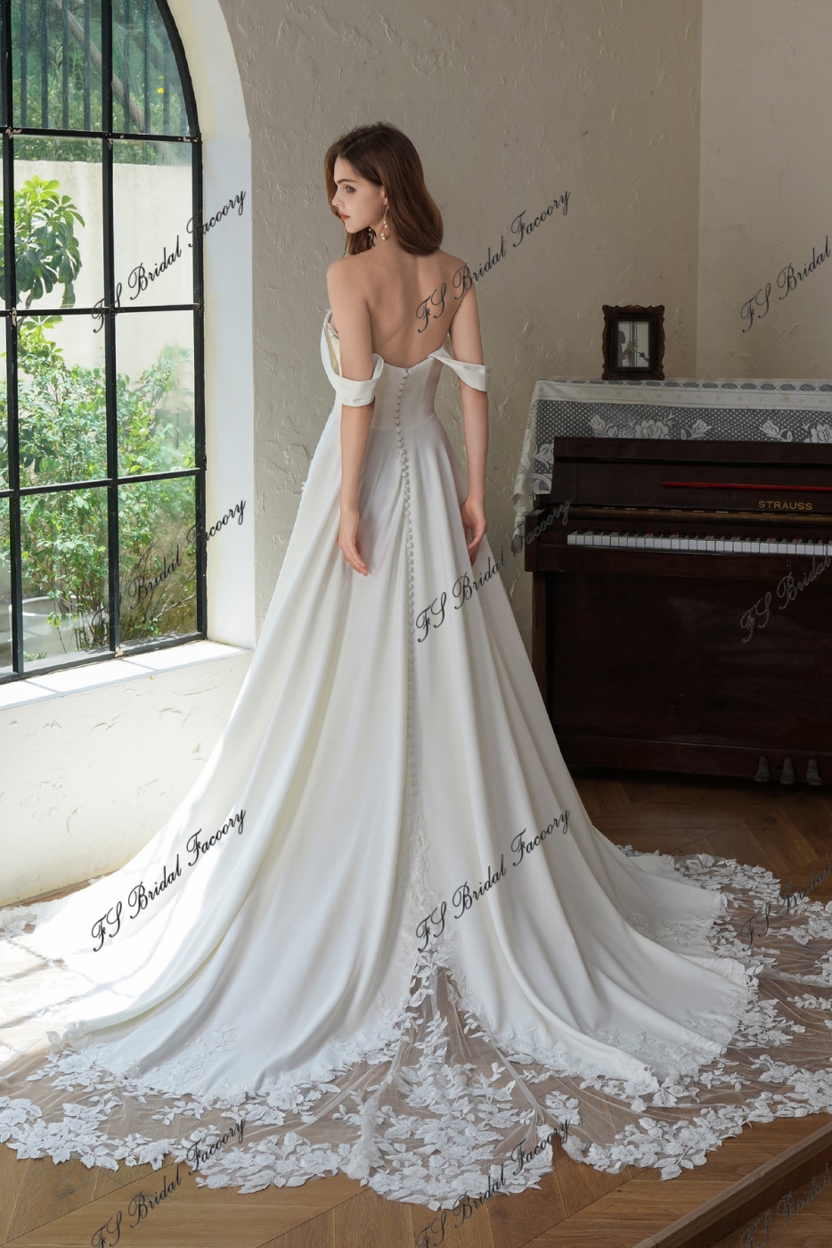 Crepe A-Line Gown With Pocket And Dramatic Lace Train