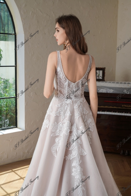 Beaded  Square Neck Line Lace A Line Wedding Gown
