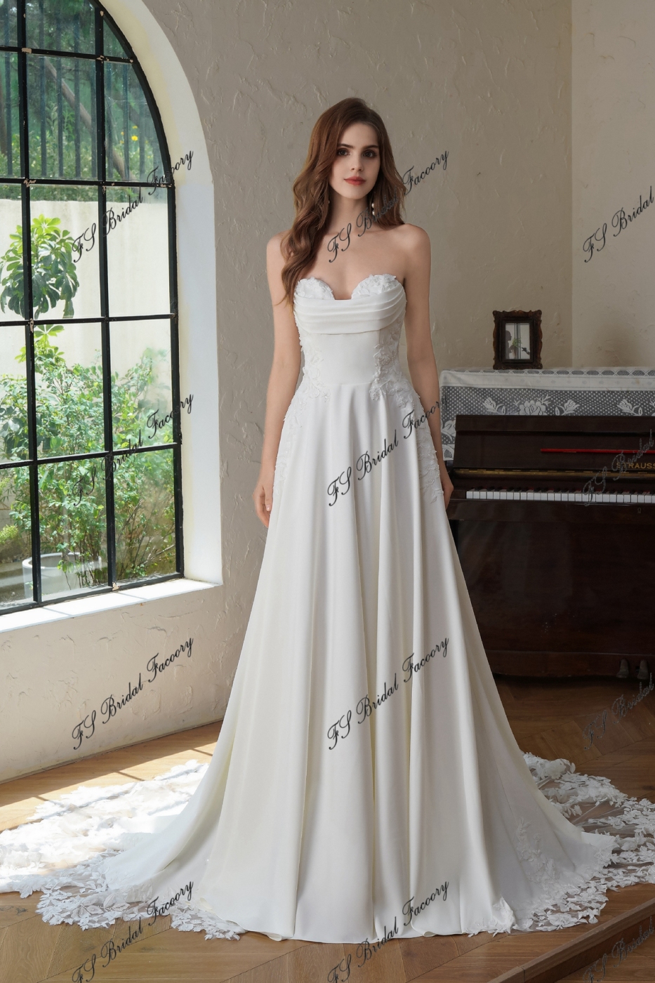 Crepe A-Line Gown With Pocket And Dramatic Lace Train