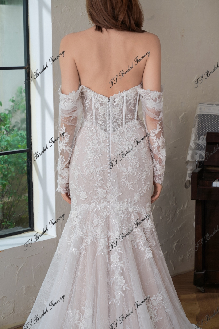 Detached Long Sleeve Heavy Beading Mermaid Wedding Gown With Detached Train