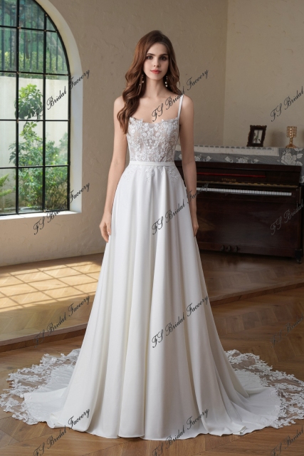 Crepe A-Line Gown with Square Neckline and Lace Bodice