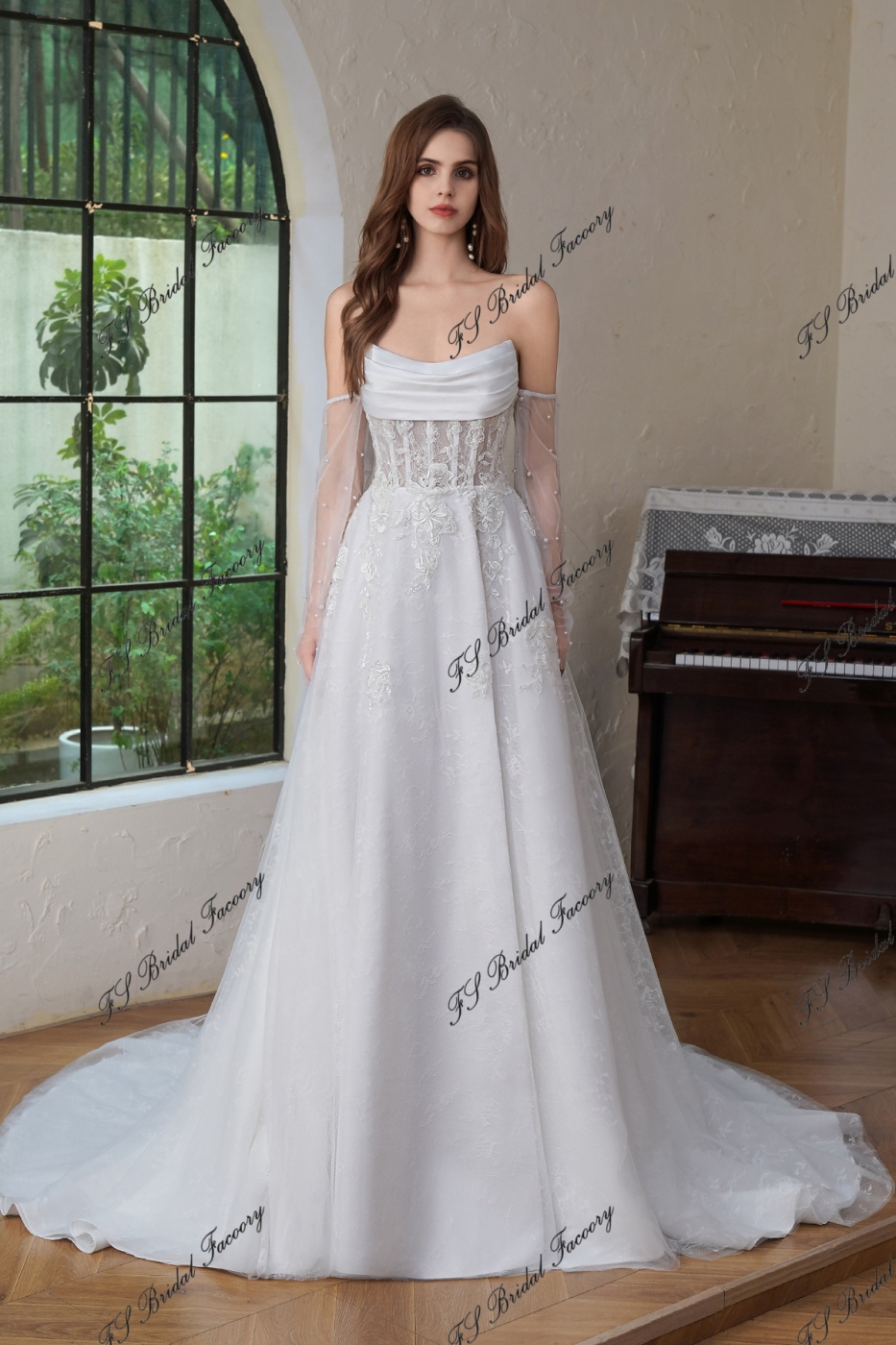 Detached Pearls Sleeve A Line Tulle Wedding Dress