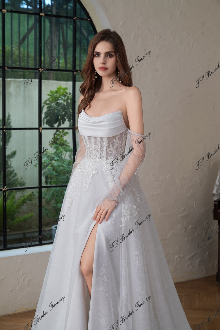 Detached Pearls Sleeve A Line Tulle Wedding Dress