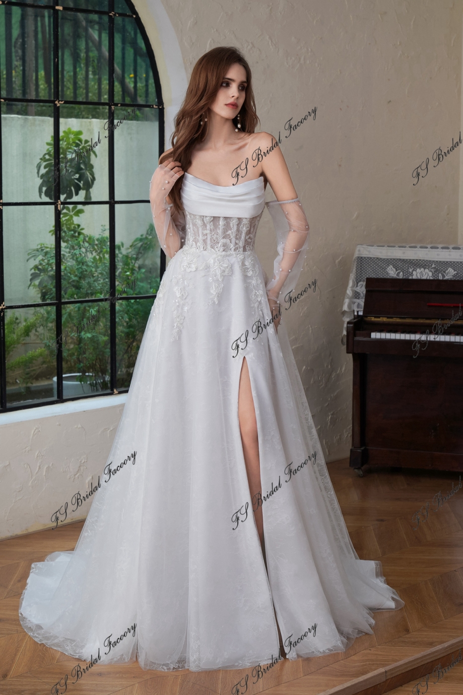 Detached Pearls Sleeve A Line Tulle Wedding Dress