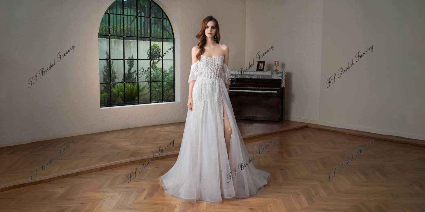 Beaded  Lace  Detached Sleeve Glitter  A Line Wedding Gown