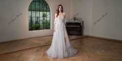 Beaded  Lace  Detached Sleeve Glitter  A Line Wedding Gown