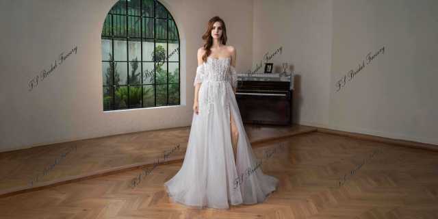 Beaded  Lace  Detached Sleeve Glitter  A Line Wedding Gown
