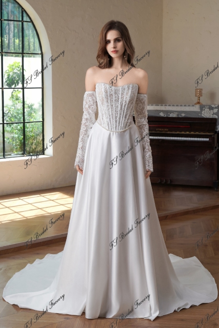 Exposed Boned Bodice Satin Skirt With Detached Lace Sleeve Wedding Gown