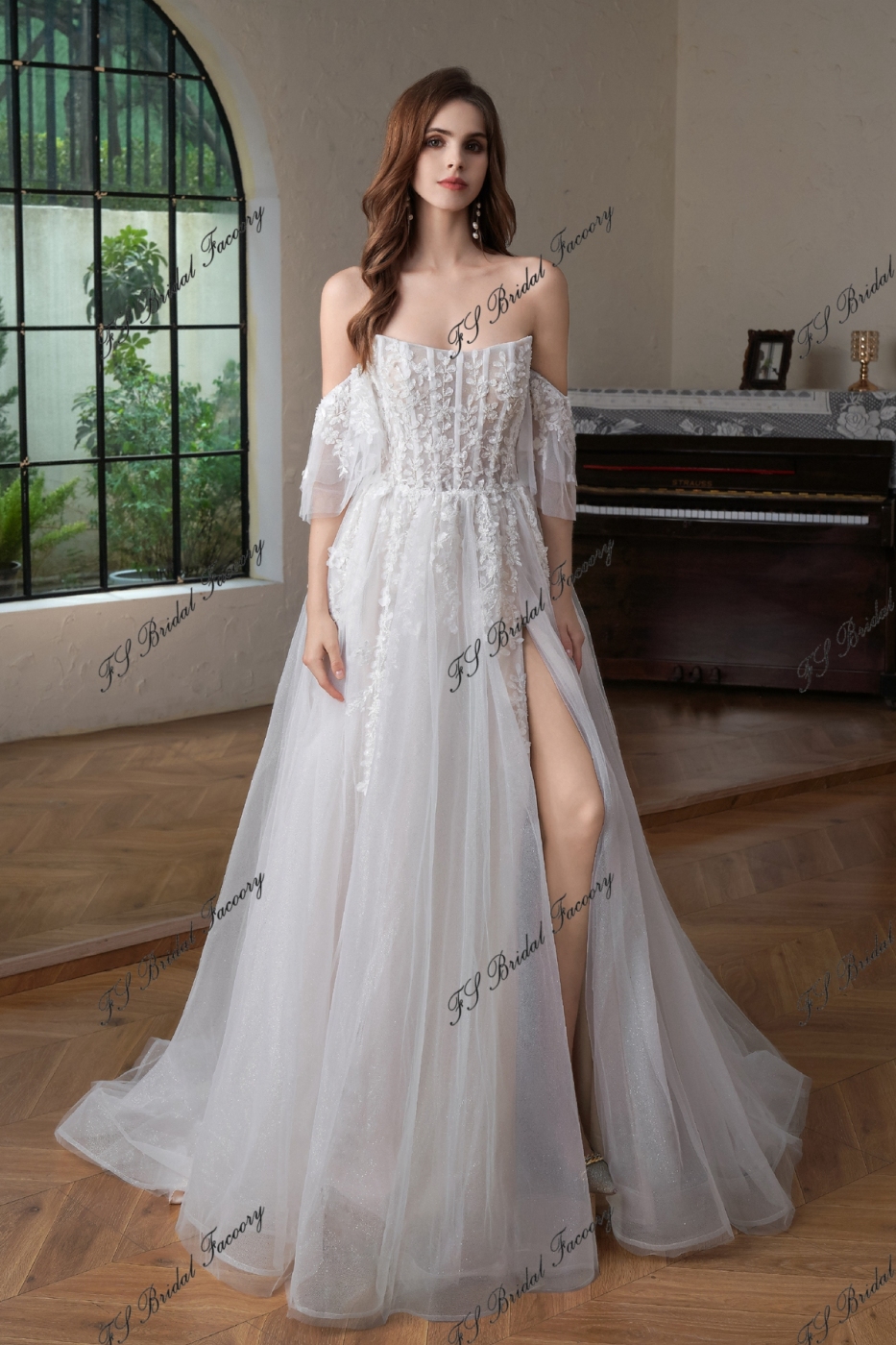 Beaded  Lace  Detached Sleeve Glitter  A Line Wedding Gown