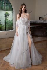 Beaded  Lace  Detached Sleeve Glitter  A Line Wedding Gown