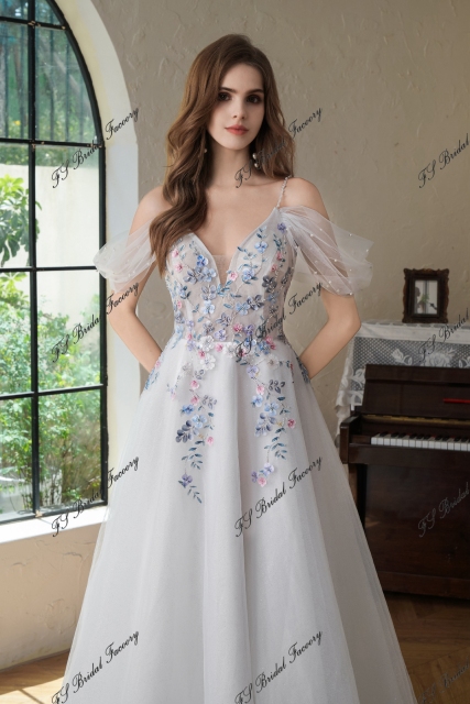 Colorful Beading Lace With Off Shoulder Glitter A Line Tulle Wedding Dress