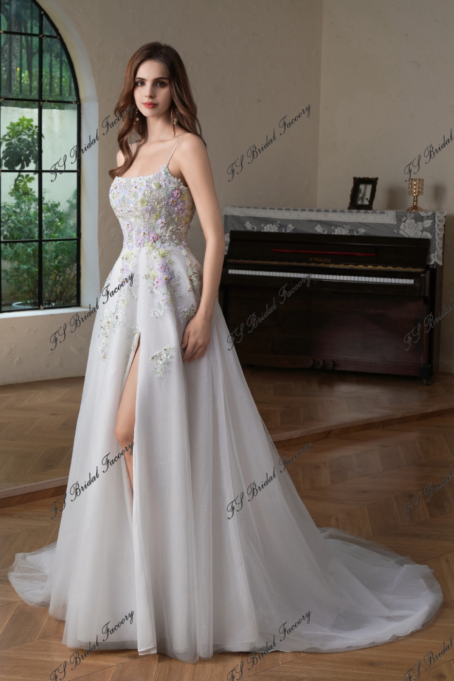 Colorful Beading Lace With Spaghetti Straps Glitter A Line Tulle Wedding Dress