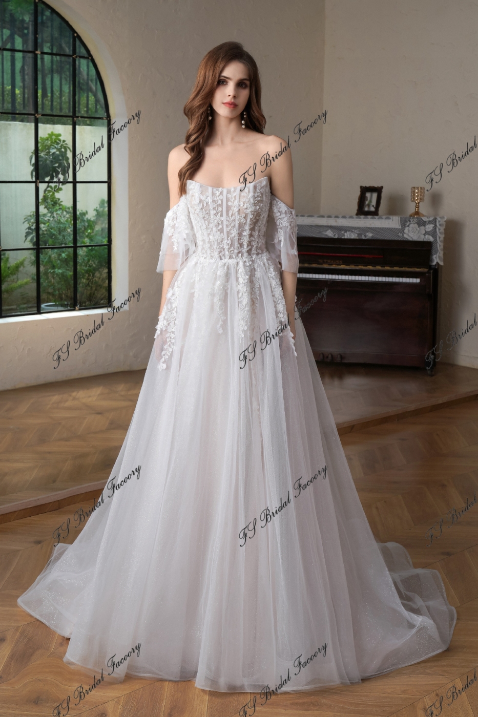 Beaded  Lace  Detached Sleeve Glitter  A Line Wedding Gown