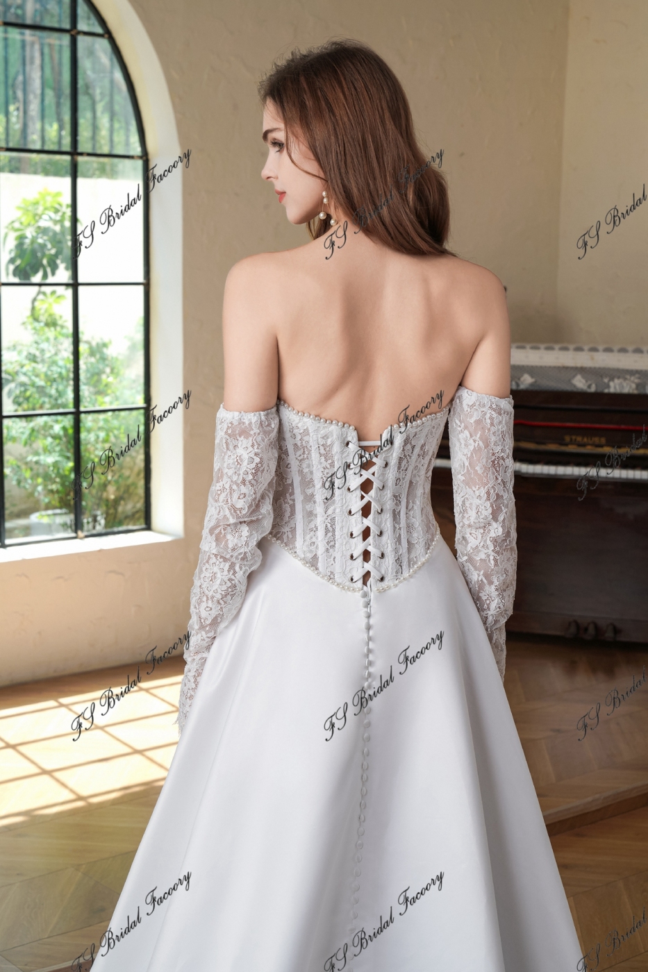 Exposed Boned Bodice Satin Skirt With Detached Lace Sleeve Wedding Gown