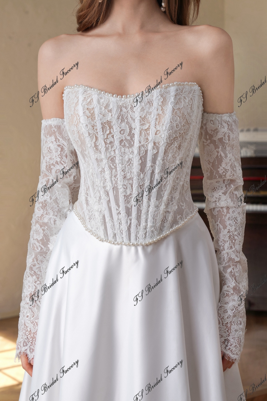 Exposed Boned Bodice Satin Skirt With Detached Lace Sleeve Wedding Gown